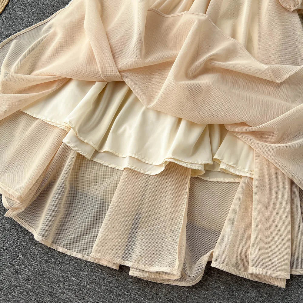 Autumn White/Beige Beading Embroidered Long Dress For Women Elegant O-Neck Puff Sleeve High Waist Elegant Party Robe New Fashion