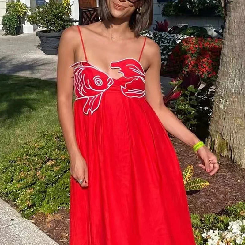 3D Fish Shaped Embroidery Pleated Sling Dress Women Spring Strapless Hollow Party Long Dress Summer Backless Side Zip Boho Dress
