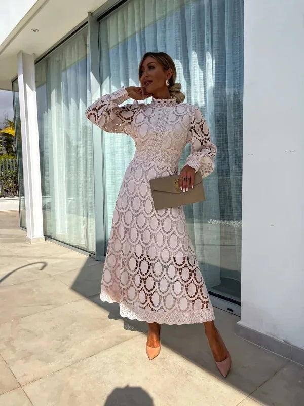 Spring New Fashionable French Lace Stand Up Collar With Bubble Sleeves Waist Cinching Slimming Dress Elegant Long Dress