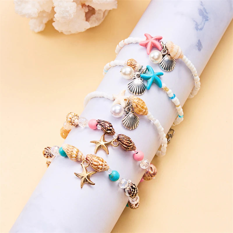 Boho Starfish Conch Bracelet Anklets for Women Girls Cute Shell Rice Beads Leg Ankle Chain Summer Foot Beach Jewelry Gifts