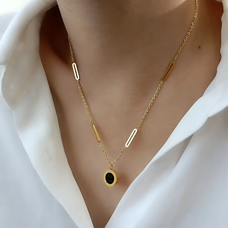 Fashion Roman Digital Wafer Pendant Necklace Stainless Steel Party Jewelry for Women Sexy Choker