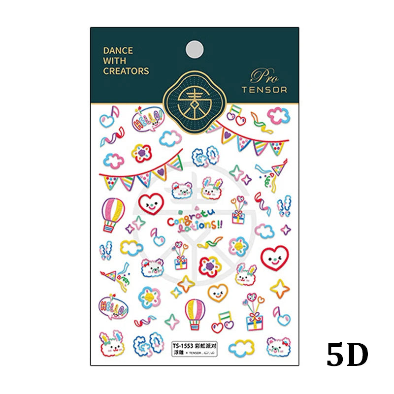 Colored Doodle Violin Music Note Design 5D Embossed Reliefs Nail Art Stickers Cute 3D Self Adhesive Manicure Decals Wholesale