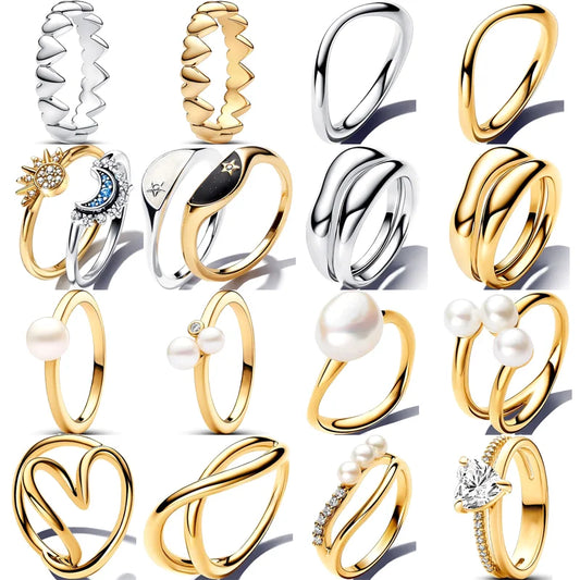 New 925 Sterling Silver Organically Shaped Stacking Pearls Hearts Stars Moon Sun Day Night Sparkling Pantaro Rings Women Jewelry