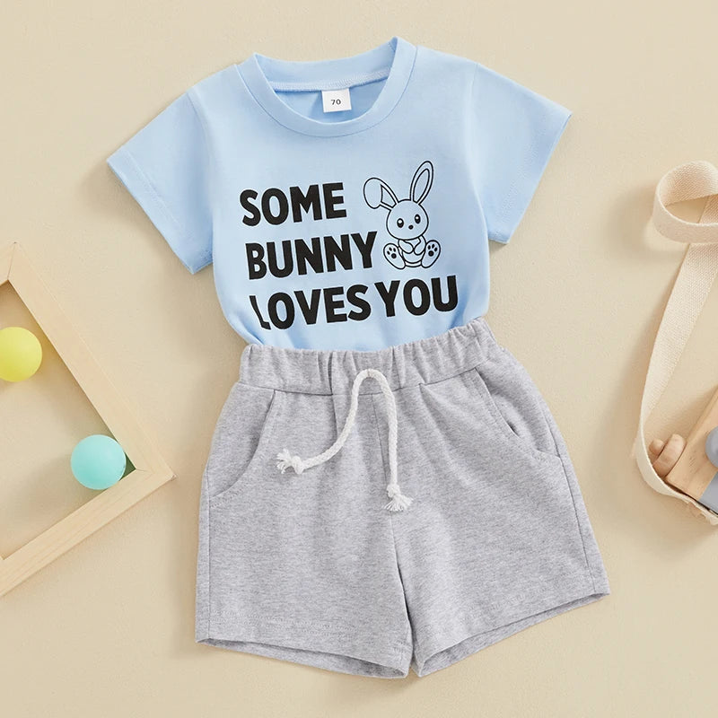 Baby Boy Easter Outfit Round Neck Short Sleeve Letter Print Tops Elastic Waist Shorts 2 Piece Summer Set for Infant Toddler