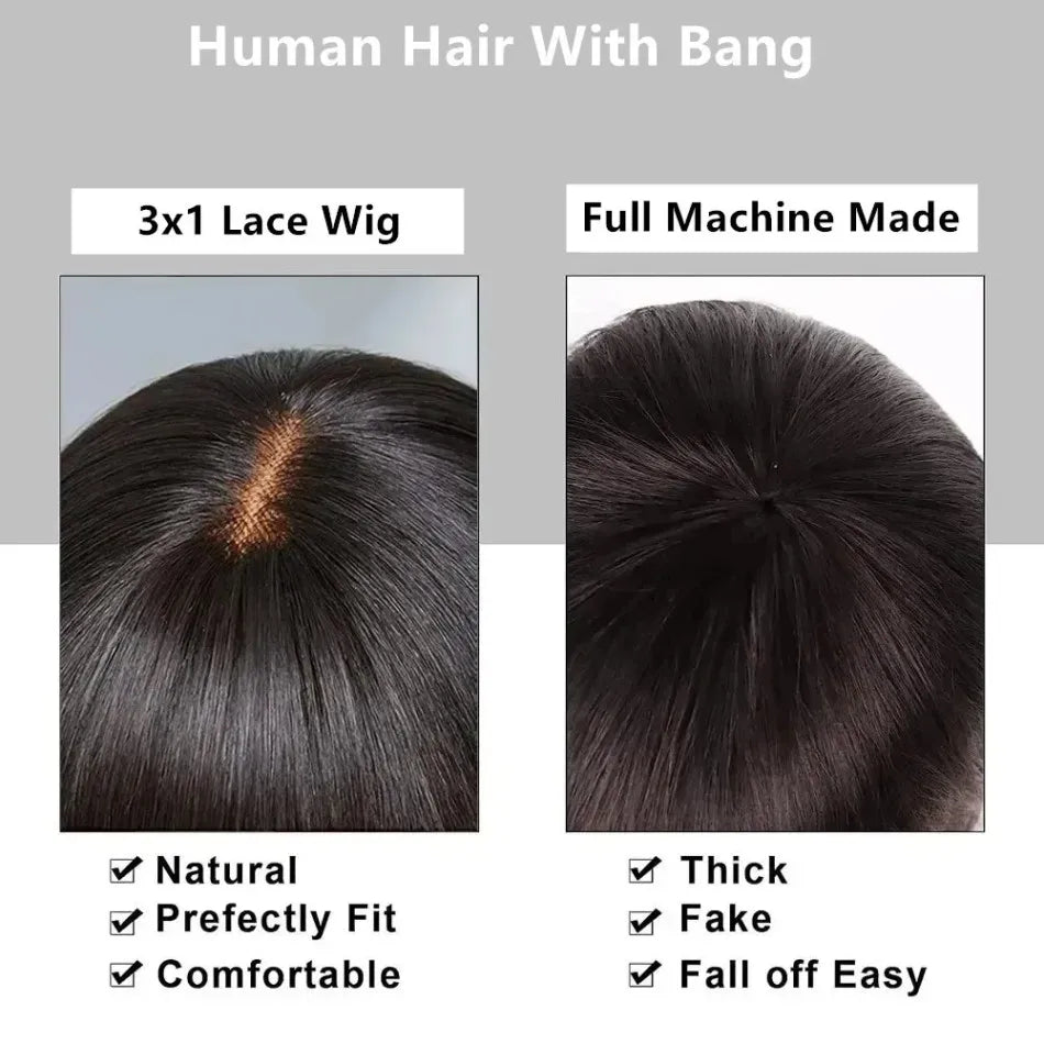 250 Density 3x1 Middle Part Lace Wig Bone Straight Cheap Wigs Full Machine Made Human Hair Wig with Bangs on Clearance Sale