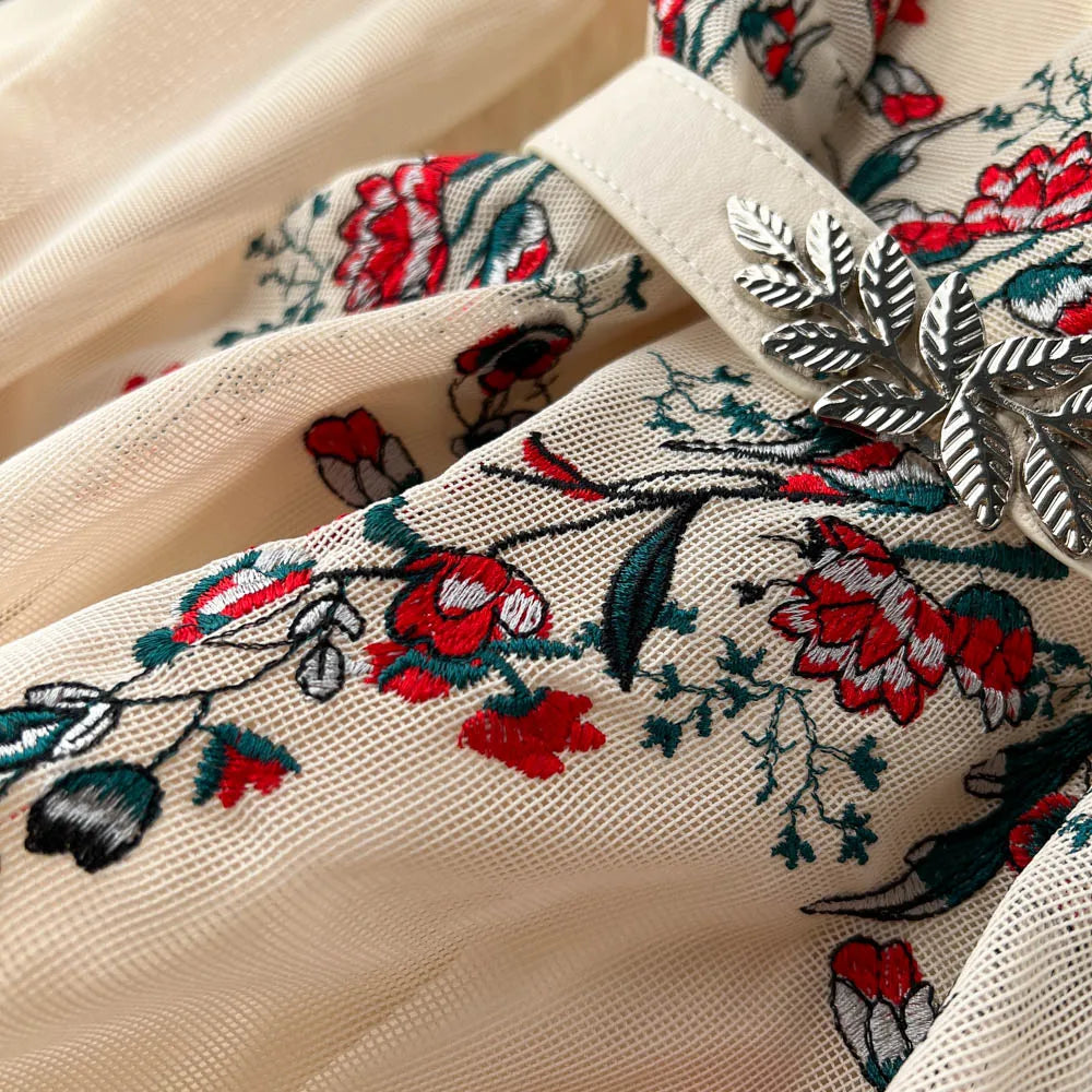 Autumn White/Beige Beading Embroidered Long Dress For Women Elegant O-Neck Puff Sleeve High Waist Elegant Party Robe New Fashion