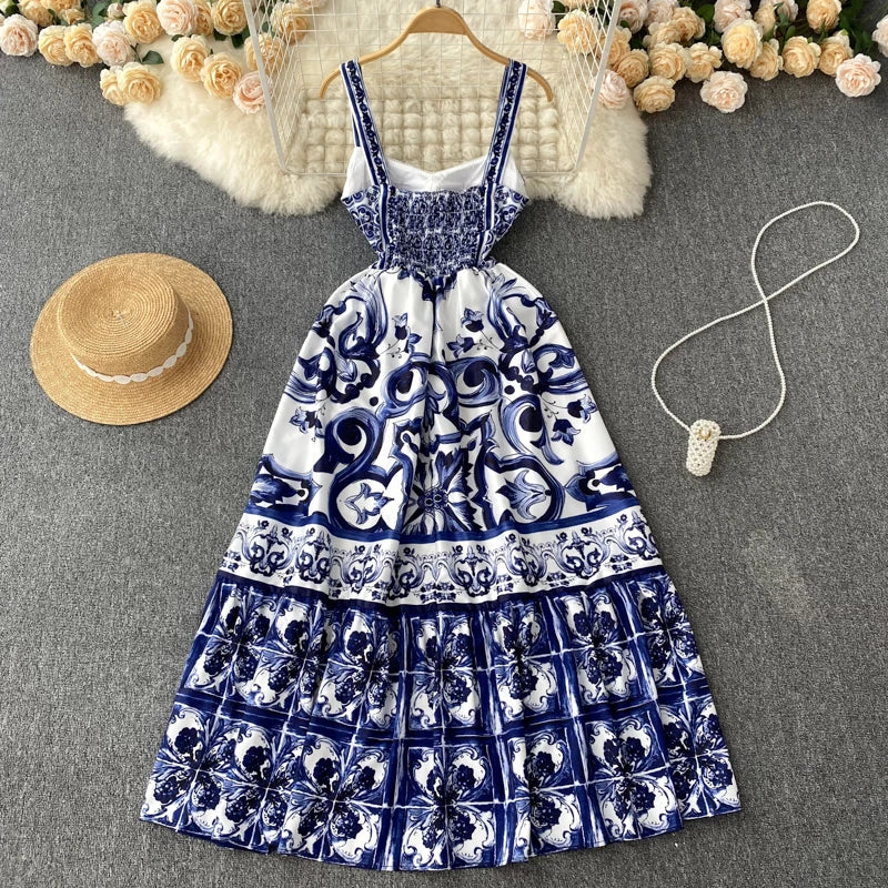 New Summer Holiday Elastic Yellow Print Long Dress Women's Spaghetti Strap Cup Padded Backless Blue White Porcelain Maxi Vestido