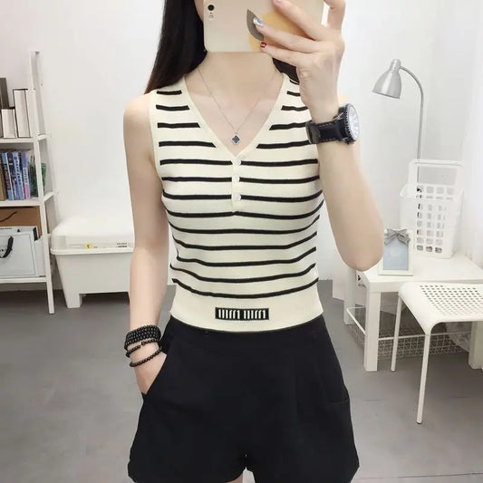 Summer New Short Ice Silk Sling Striped Tank Women's V-neck Button Slim Elastic Versatile Fashion Knitted Sleeveless Top