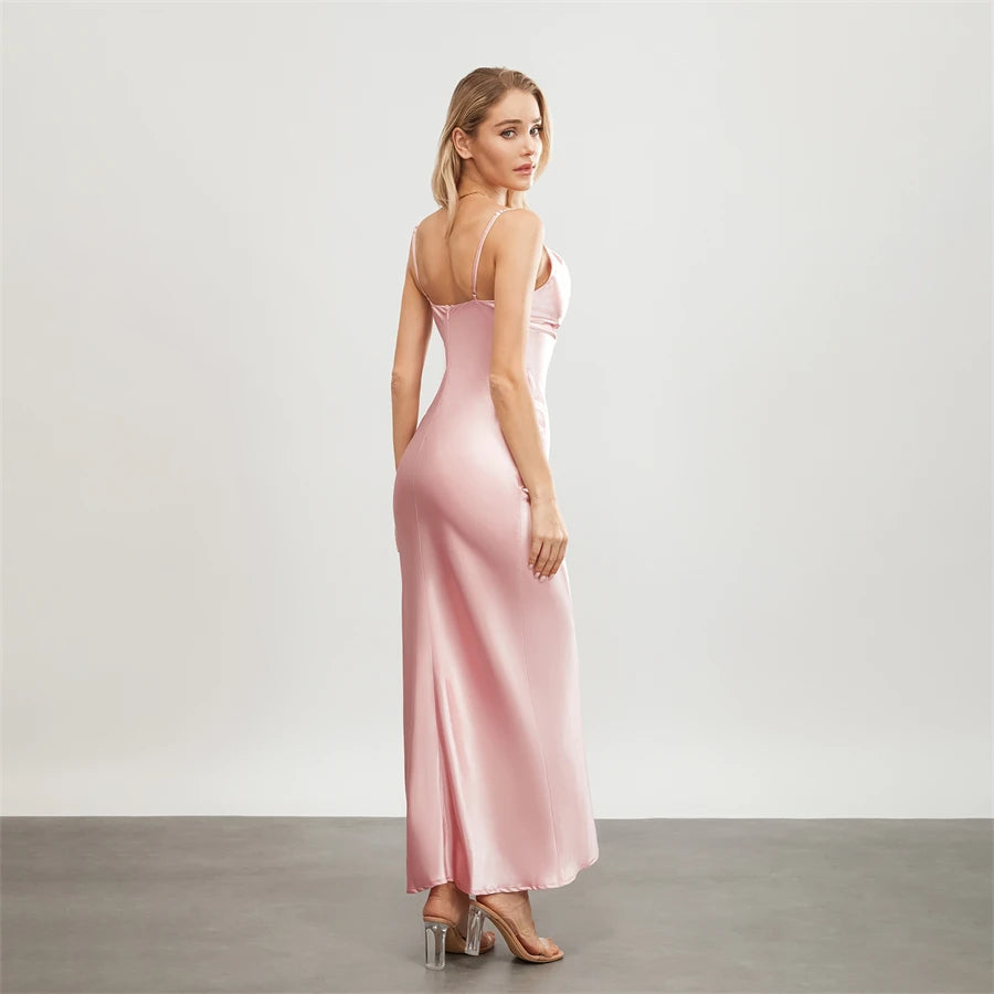 Elegant Satin Long Dress Solid Color Sleeveless Cowl Neck Wrap Party Dress