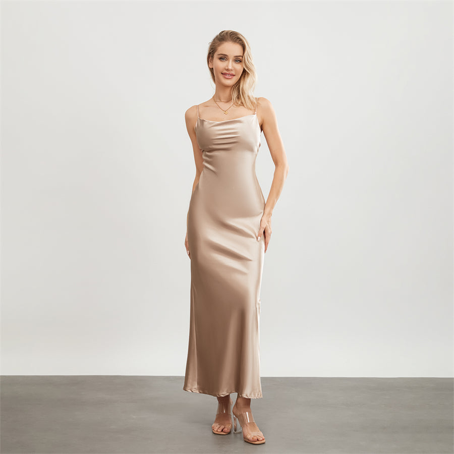 Elegant Satin Long Dress Solid Color Sleeveless Cowl Neck Wrap Party Dress