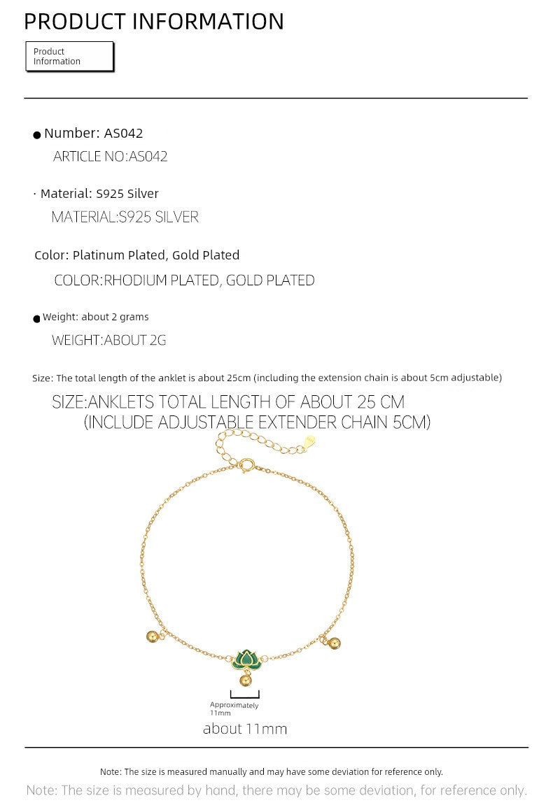 S925 Sterling Silver Step-by-Step Lotus Sliver Beads Anklet Female Retro Artsy Fresh Lotus Lucky Beads Ankle Chain Ornament
