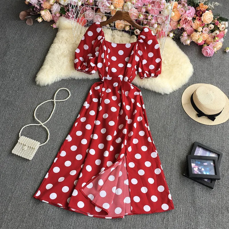 YuooMuoo Korean Fashion Polka Dot Print Women Dress Summer Elegant Puff Sleeve Vacation Long Dress