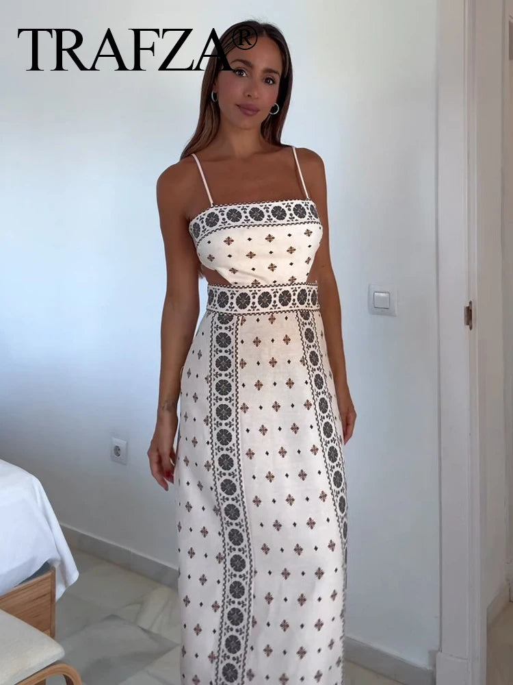 TRAFZA Women Vintage Print Sling Long Dress 2025 Fashion Hollow Out Sleeveless Backless Button Holiday Dresses Lady Slim Robes