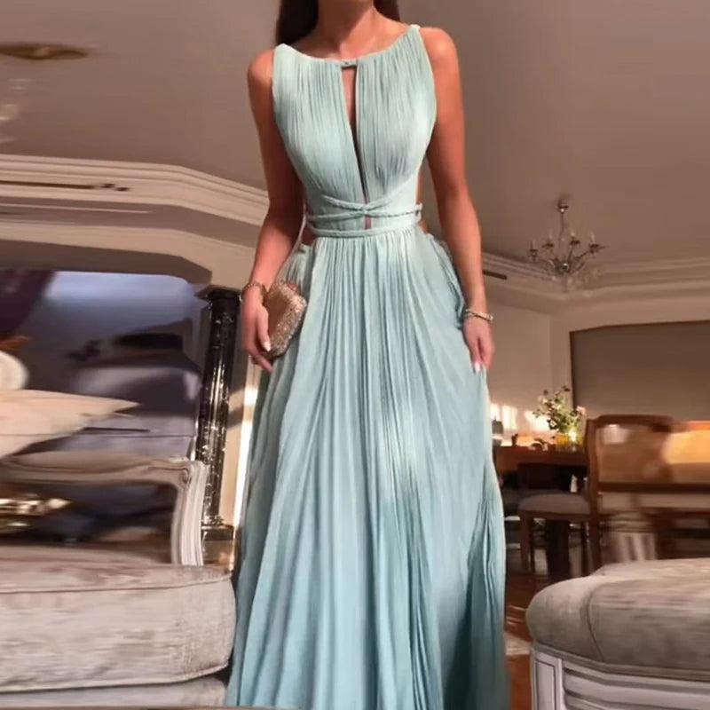 Women O-neck High Waist Pleated Long Dress Sexy Hollow Out Backless Swing Beach Dress Spring Summer Sleeveless Solid Party Dress