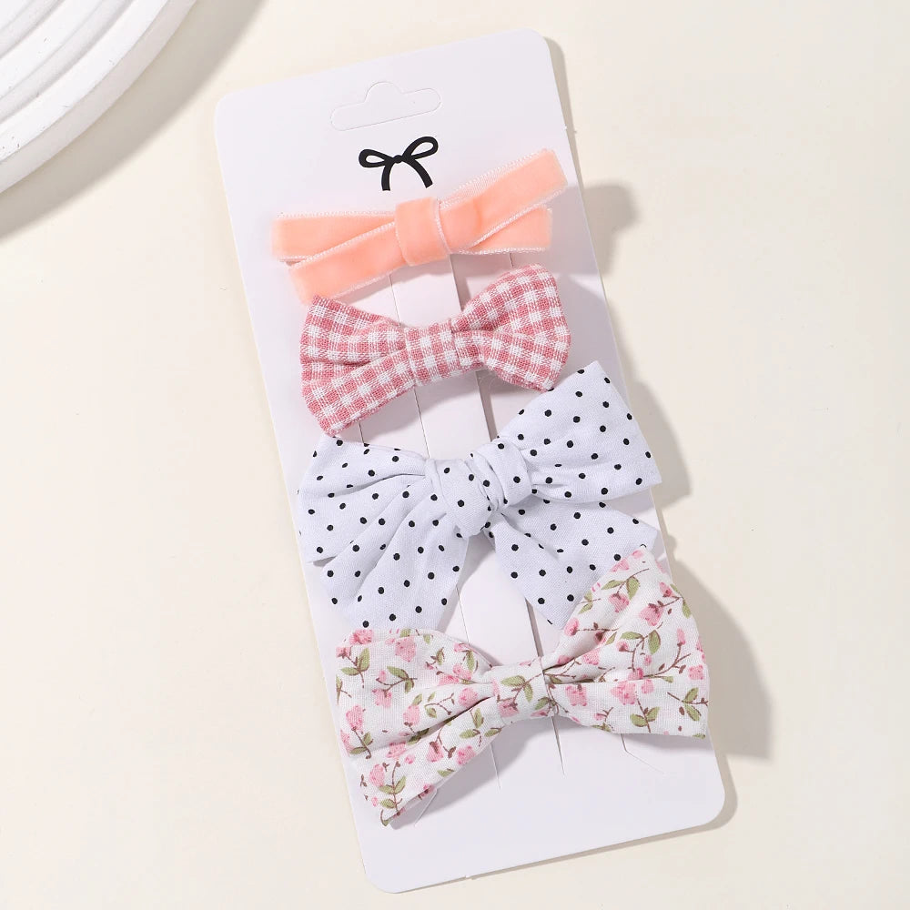 4PCS/Set Muslin Baby Girls Bows Hair Clips Hairpins Hairclip For Kids Cotton Linen Barrette Flower Print Side Pin Accessories
