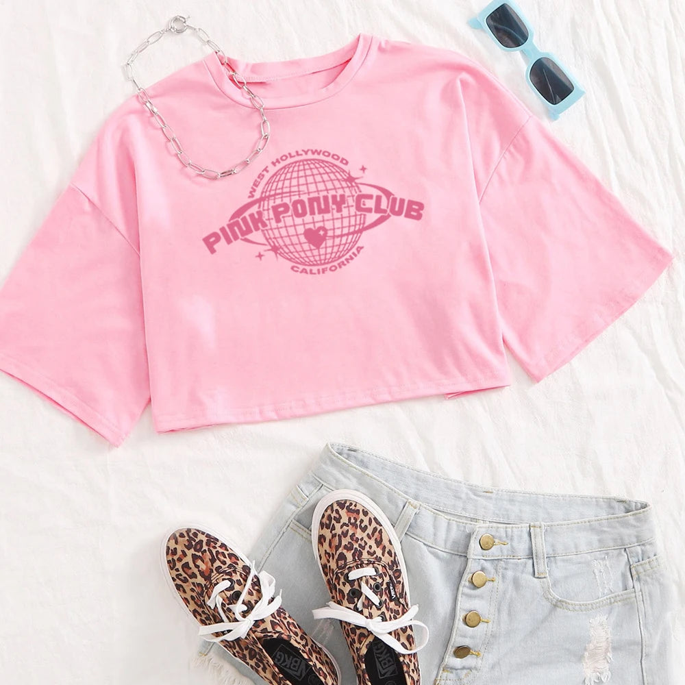 Chappell Roan Pink Pony Club Crop Tops Gift for Fan Chappell Roan Merch Harajuku O-Neck Short Sleeves Crop Tops