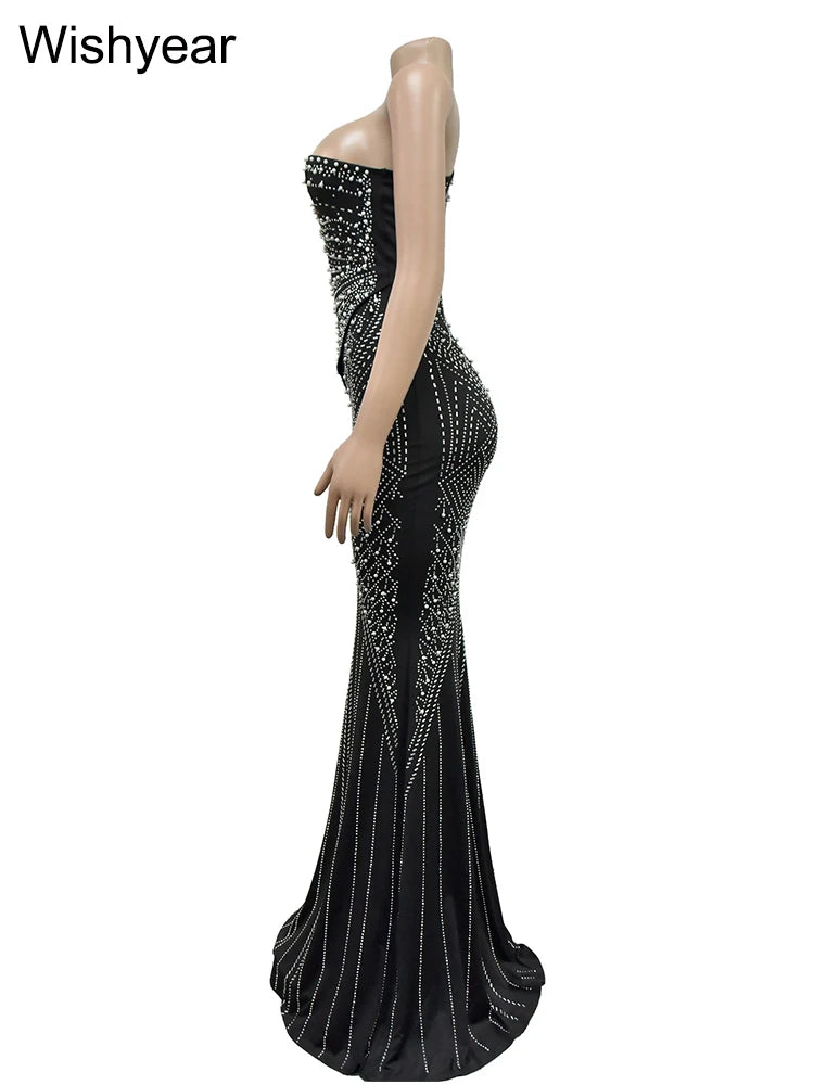 Wishyear Spring Sexy Party Club Birthday Evening Rhinestone Diagonal Collar Long Dress for Women Sleeveless Maxi Vestidos Luxury