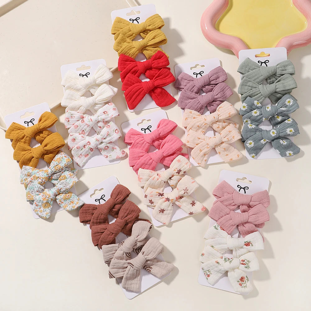 4PCS/Set Muslin Baby Girls Bows Hair Clips Hairpins Hairclip For Kids Cotton Linen Barrette Flower Print Side Pin Accessories