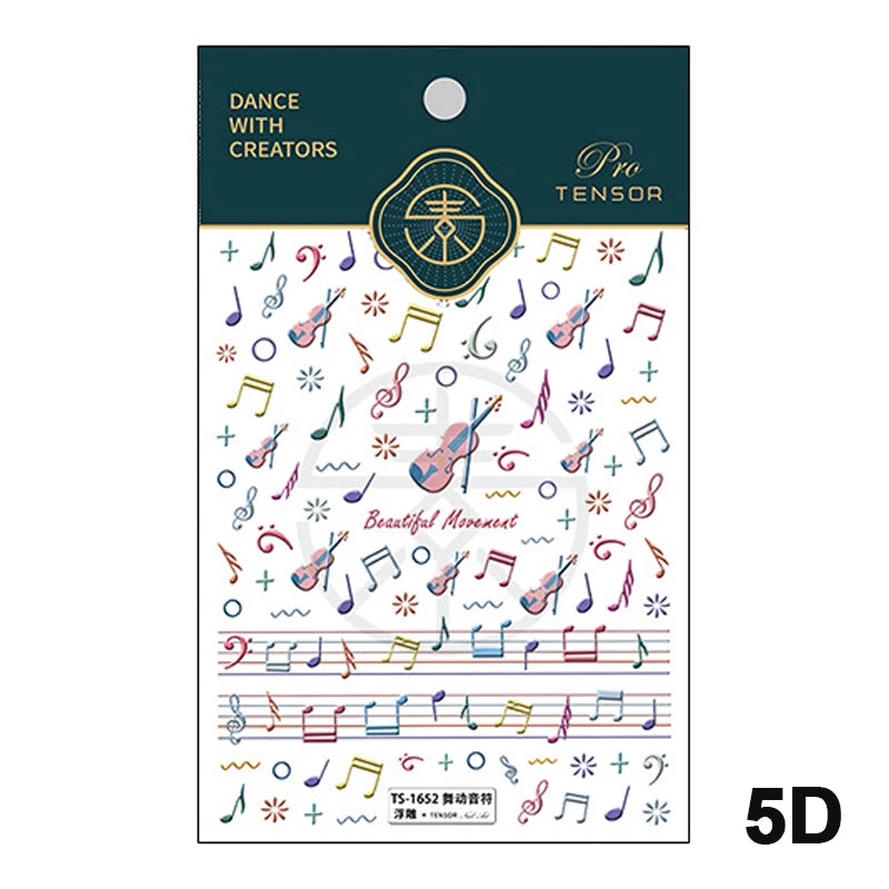 Colored Doodle Violin Music Note Design 5D Embossed Reliefs Nail Art Stickers Cute 3D Self Adhesive Manicure Decals Wholesale