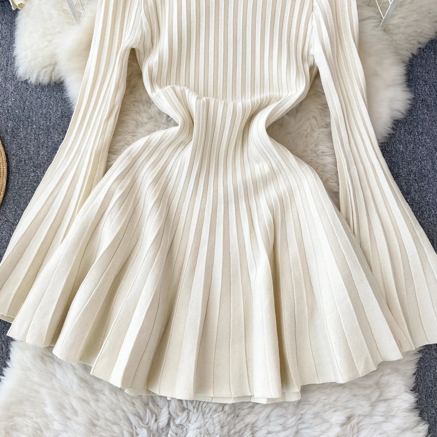 SINGREINY Elegant Knit Pleated Mini Dress Women Soft Ribbed Solid Flare Sleeve Fashion Lady Casual Sweater Slim Dresses
