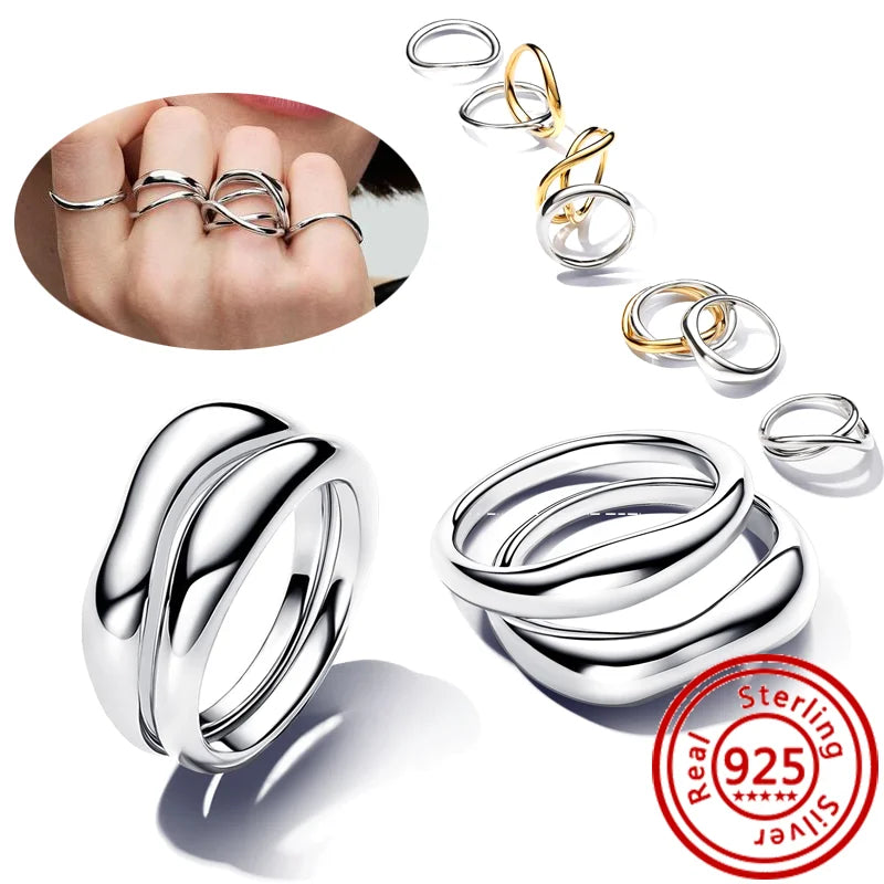 New 925 Sterling Silver Organically Shaped Stacking Pearls Hearts Stars Moon Sun Day Night Sparkling Pantaro Rings Women Jewelry