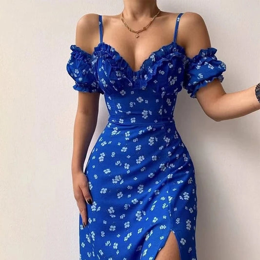 Women Elegant Off Shoulder V Neck Long Dress Sexy Sling Ruffle Strapless Slit Party Dress Spring Floral Print Slim Dress 21764