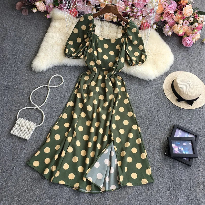 YuooMuoo Korean Fashion Polka Dot Print Women Dress Summer Elegant Puff Sleeve Vacation Long Dress