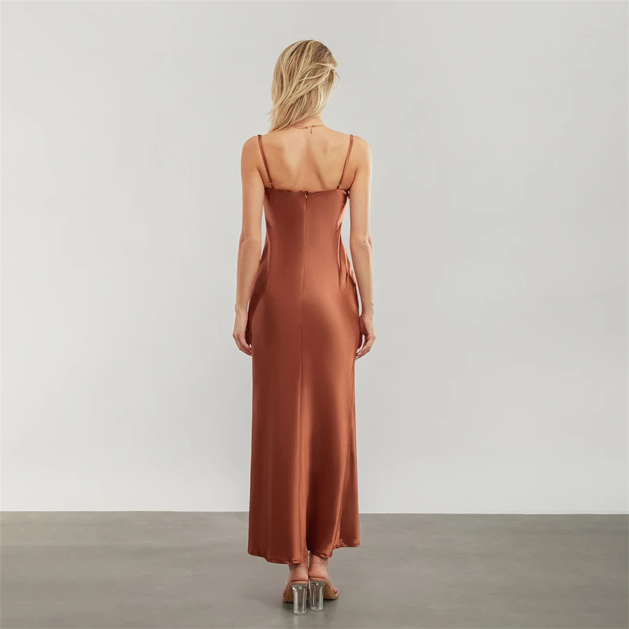 Elegant Satin Long Dress Solid Color Sleeveless Cowl Neck Wrap Party Dress