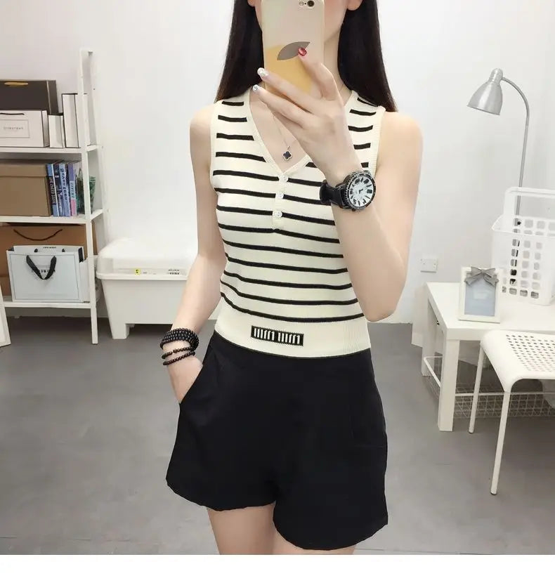 Summer New Short Ice Silk Sling Striped Tank Women's V-neck Button Slim Elastic Versatile Fashion Knitted Sleeveless Top