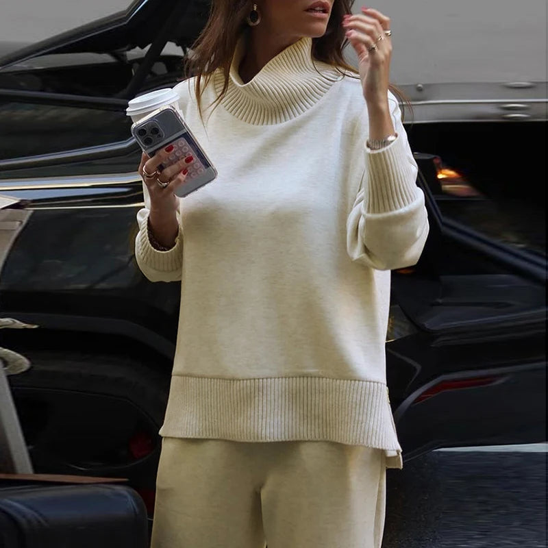 Vintage Autumn Winter Clothing New Warm Sweater Solid Wide Leg Trousers Lazy Two Piece Women Suit  Casual Knitted Long Pant Sets