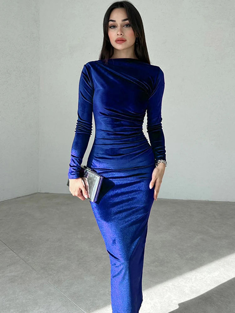 Dulzura 2025 Spring Summer Velvet Long Sleeve Midi Dress For Women Ruched Long Dress Elegant Party Clothes Evening Green Outfits