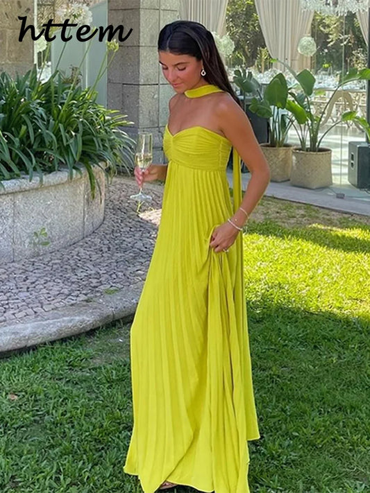 Elegant Strapless Ribbon Long Dress Women Sexy Sleeveless Backless Pleated Party Dresses 2025 Summer Lady Sexy Evening Robes New