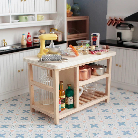 1:12 Dollhouse Miniature Table Dining Table Multi-layer Cooking Storage Table With Hook Up Furniture Kitchen Model Decor Toy