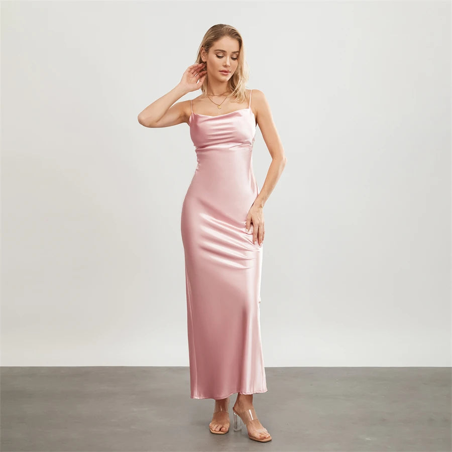 Elegant Satin Long Dress Solid Color Sleeveless Cowl Neck Wrap Party Dress