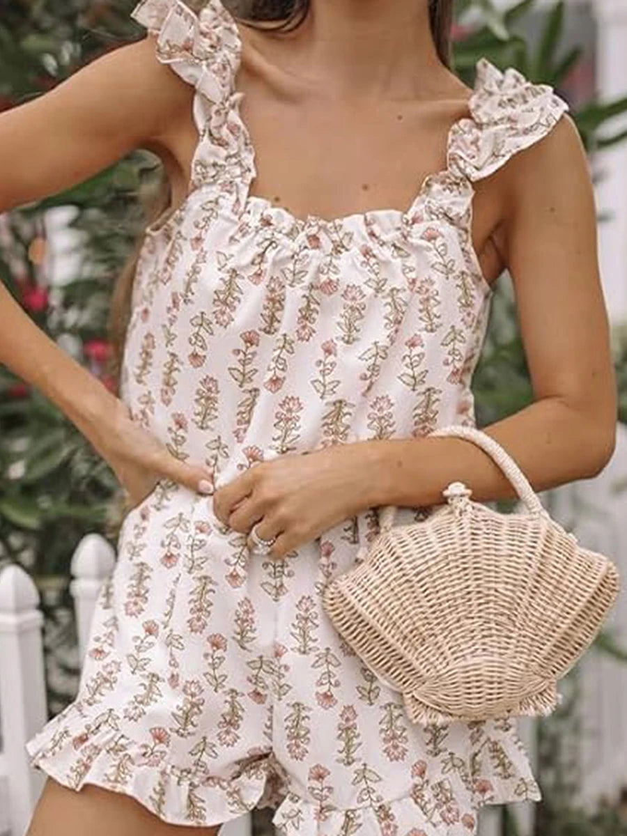 Women Floral Print Summer Set Square Neck Flutter Sleeve Loose Tank Tops Ruffled Shorts 2-Piece Outfits
