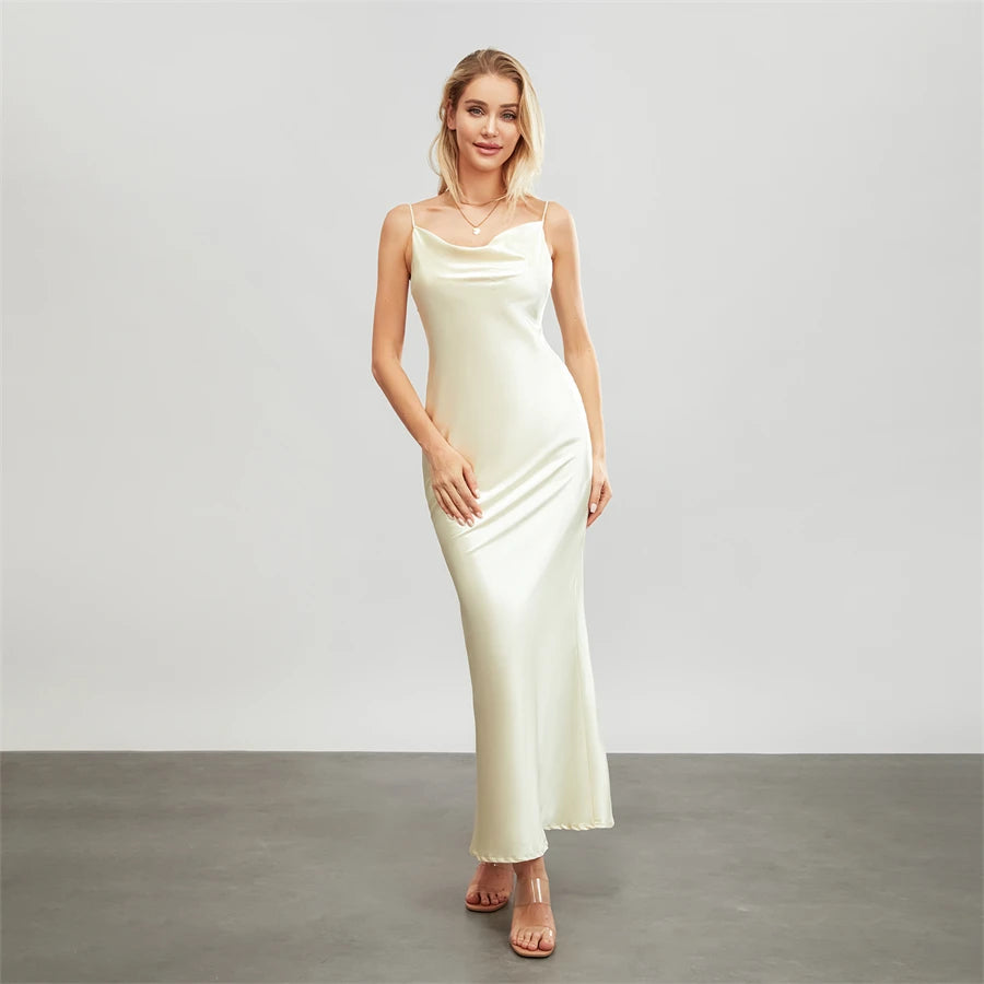Elegant Satin Long Dress Solid Color Sleeveless Cowl Neck Wrap Party Dress