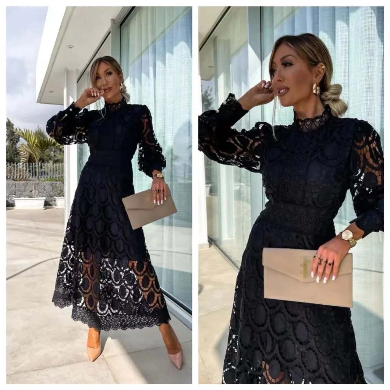 Spring New Fashionable French Lace Stand Up Collar With Bubble Sleeves Waist Cinching Slimming Dress Elegant Long Dress