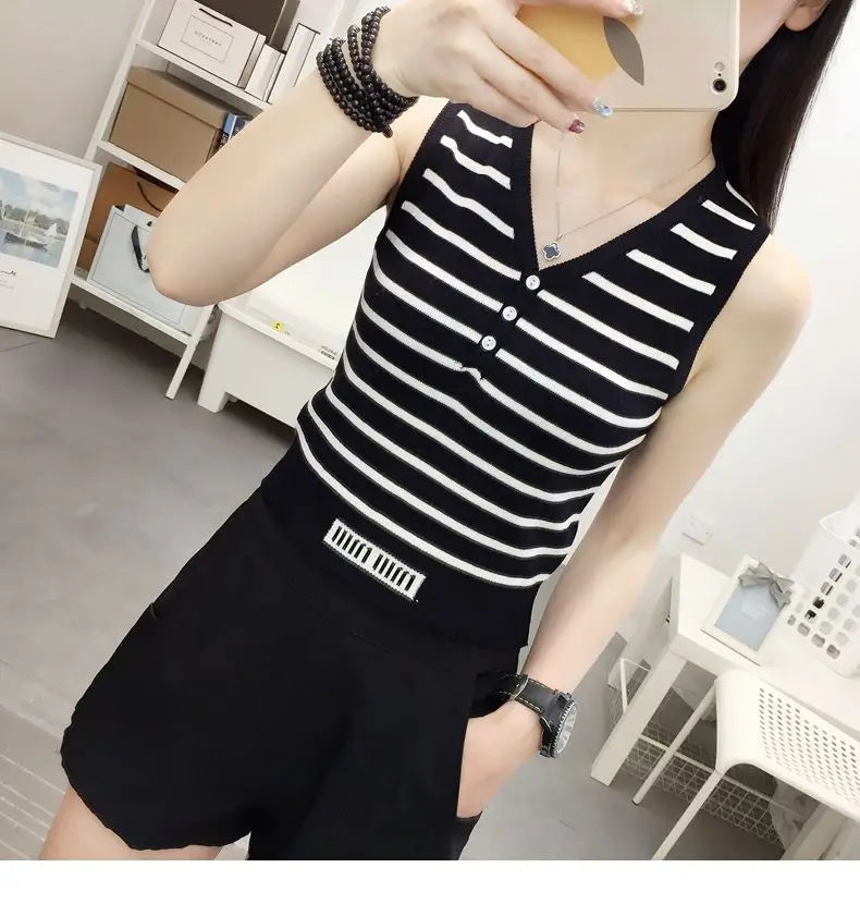 Summer New Short Ice Silk Sling Striped Tank Women's V-neck Button Slim Elastic Versatile Fashion Knitted Sleeveless Top
