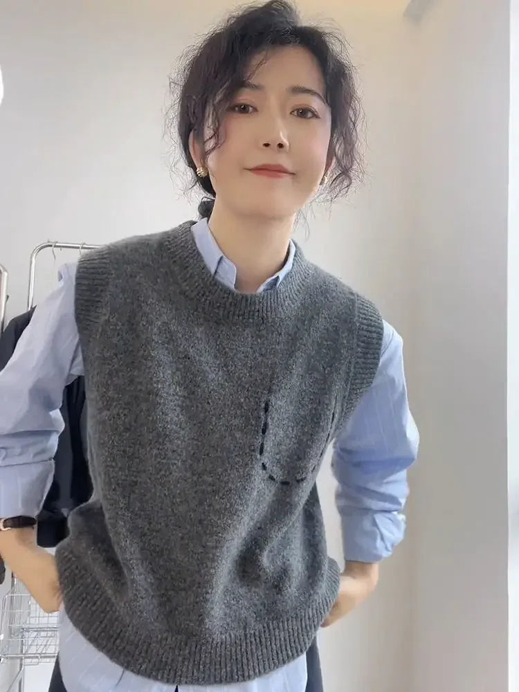 Solid Round O Neck Women's Knitted Vest Pullover Korean Style Clothing Trend Waistcoat Jumper Wear To Work Female Sweater