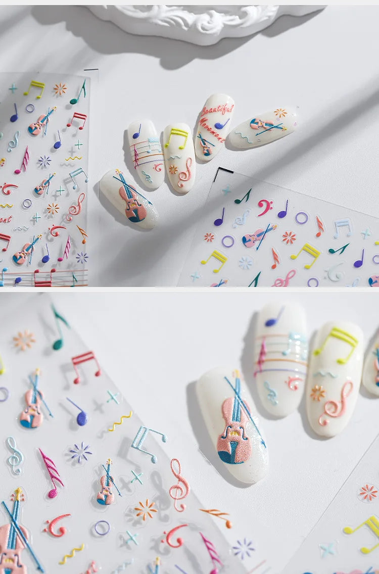 Colored Doodle Violin Music Note Design 5D Embossed Reliefs Nail Art Stickers Cute 3D Self Adhesive Manicure Decals Wholesale