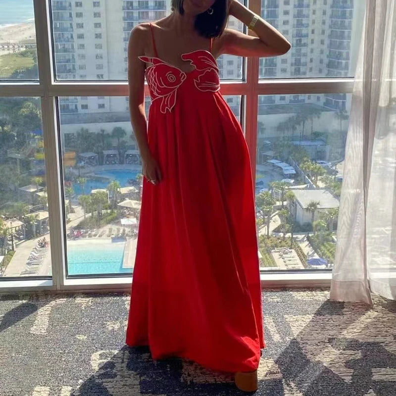 3D Fish Shaped Embroidery Pleated Sling Dress Women Spring Strapless Hollow Party Long Dress Summer Backless Side Zip Boho Dress