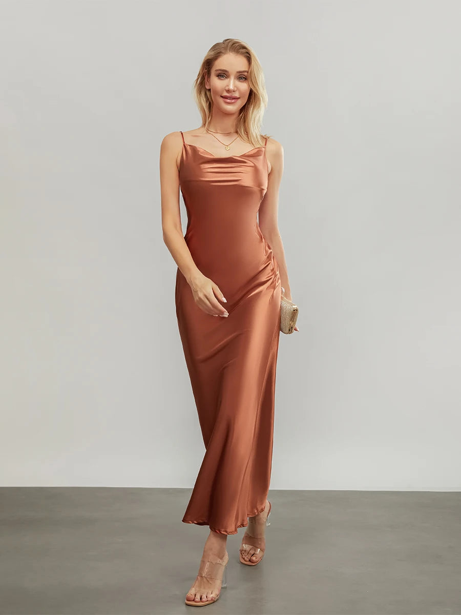Elegant Satin Long Dress Solid Color Sleeveless Cowl Neck Wrap Party Dress