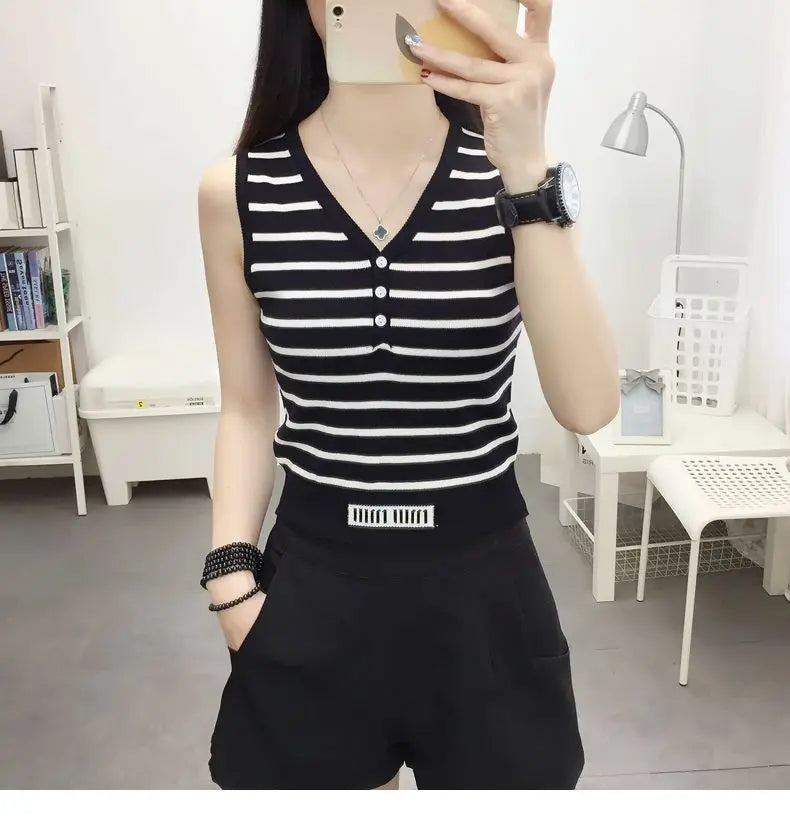 Summer New Short Ice Silk Sling Striped Tank Women's V-neck Button Slim Elastic Versatile Fashion Knitted Sleeveless Top