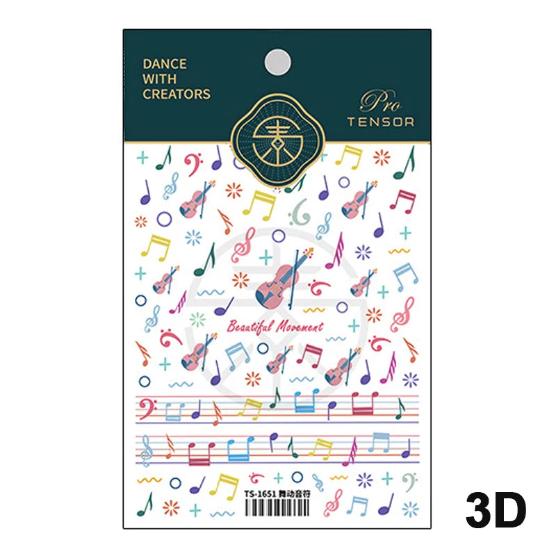 Colored Doodle Violin Music Note Design 5D Embossed Reliefs Nail Art Stickers Cute 3D Self Adhesive Manicure Decals Wholesale
