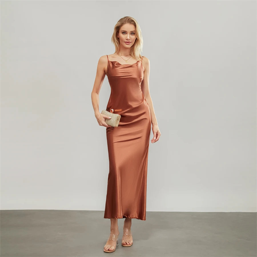 Elegant Satin Long Dress Solid Color Sleeveless Cowl Neck Wrap Party Dress