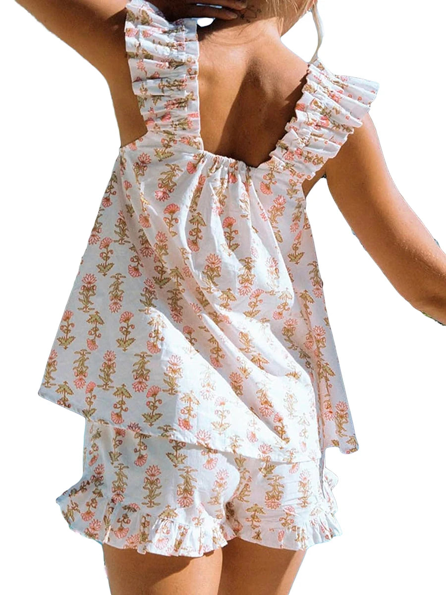 Women Floral Print Summer Set Square Neck Flutter Sleeve Loose Tank Tops Ruffled Shorts 2-Piece Outfits