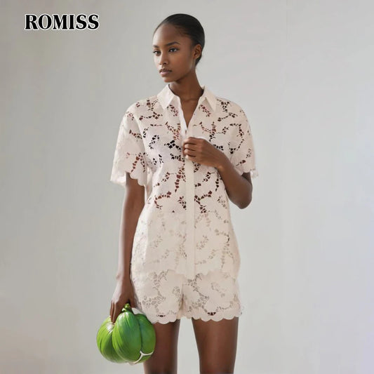 ROMISS Hollow Out Women Set Lapel Short Sleeve Single Breasted Loose Tops High Waist Spliced Pockets Shorts Summer Set Female