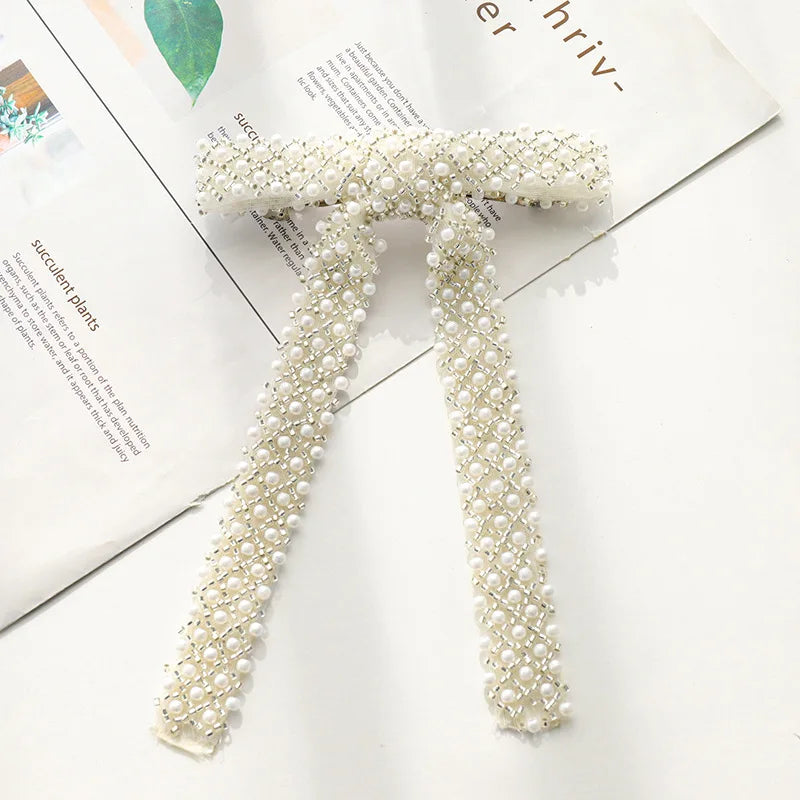 Glass Diamond Beaded Full Pearls Hairclip Bows Ribbon Barrette Girls Bow Hairpins Wedding Hair Accessories Hair Clips Women