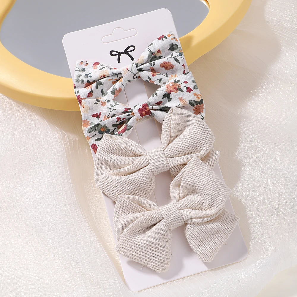 4PCS/Set Muslin Baby Girls Bows Hair Clips Hairpins Hairclip For Kids Cotton Linen Barrette Flower Print Side Pin Accessories