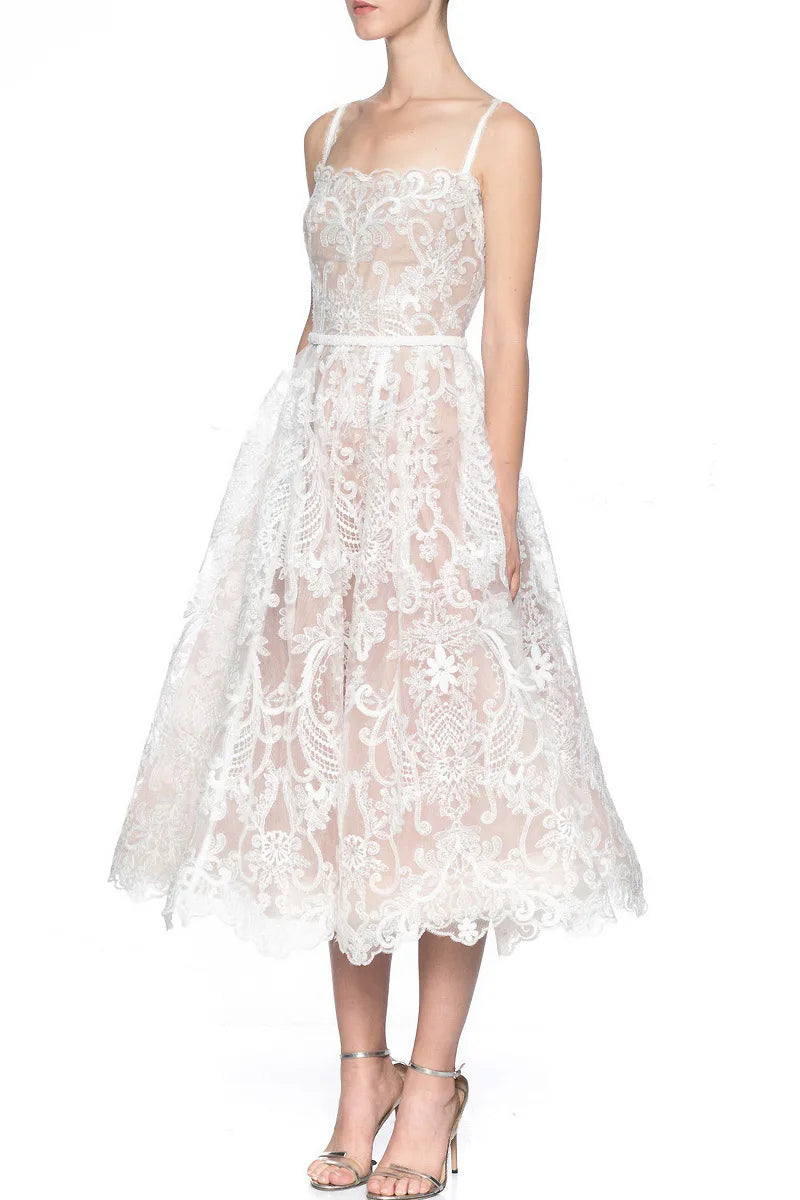 UCXQ Square Neck Lace Embroidery Elegant Long Dress Fairycore Waist Sleeveless Camisole Dresses Women 2025 Spring Summer 23A8639
